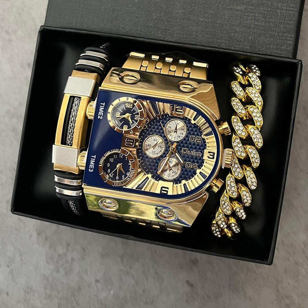 Smartwatch Face - Luxuriöses rechteckiges Herren-Quarzuhr-Set aus Gold und