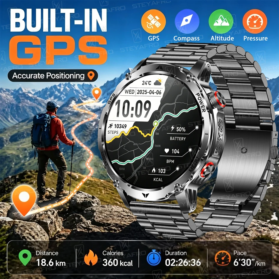 Smartwatch M Active - Herren-Militär-Smartwatch mit GPS, 1100mAh Akku, 10ATM